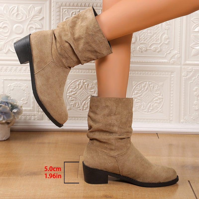 Suede Pointed Toe Western Cowboy Boots Export Retro Mid-Calf Boots Thick Heel Sleeves Slimming Look Boots - Image 2